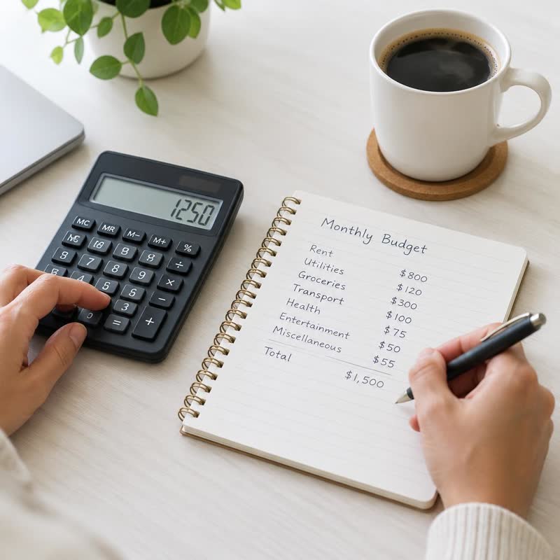 Calcolatrice e quaderno con il budget mensile